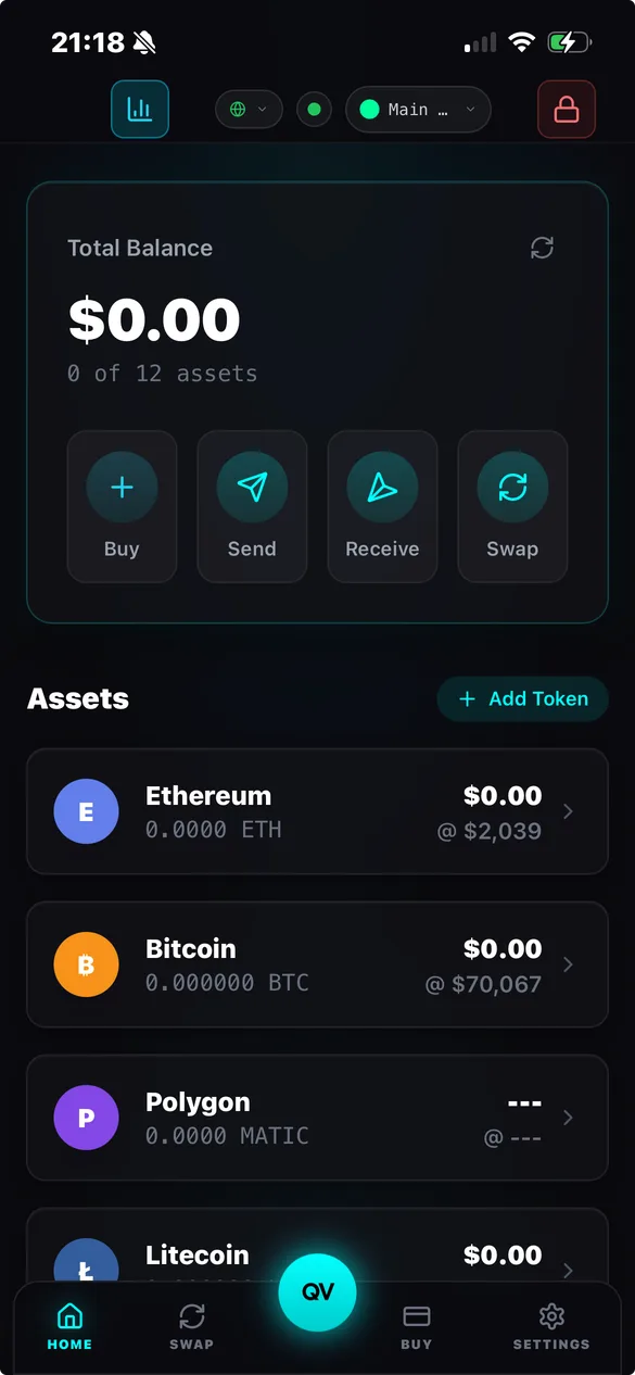 Quantum Crypto App dashboard showing portfolio overview